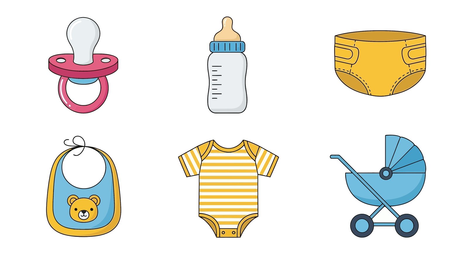 Itens para bebês incluindo fraldas, mamadeira e roupas